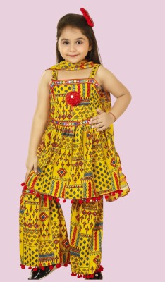 the crown Girls Festive & Party Kurta, Dhoti Pant & Dupatta Set(Yellow Pack of 1)