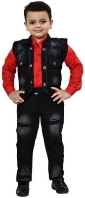 AJ STYLES Boys Festive & Party Shirt, Waistcoat and Pant Set(Red Pack of 1)