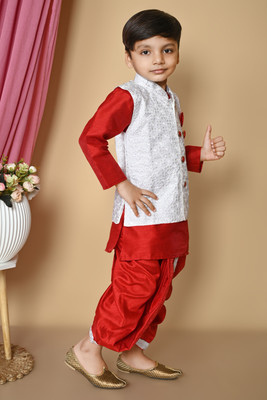 Bright Garments Dresses Boys Festive & Party Kurta, Waistcoat and Dhoti Pant Set(Red Pack of 1)