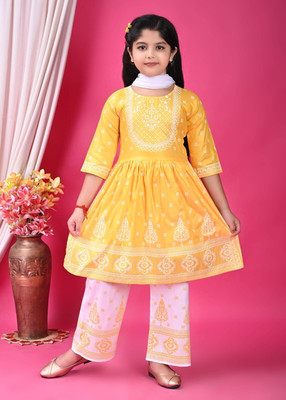 ANMOLDRESS Girls Festive & Party Kurta and Palazzo Set(Yellow Pack of 1)