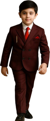 KIDCHAMP Boys Festive & Party, Wedding Blazer, Shirt and Trouser Set(Maroon Pack of 1)