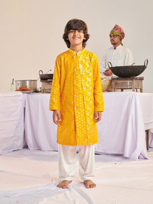 Pspeaches Boys Festive & Party Kurta and Pyjama Set(Yellow Pack of 1)