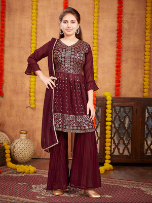 Aarika Girls Festive & Party Angarkha and Sharara Set(Maroon Pack of 1)