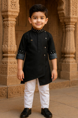 FASHION GRAB Boys Casual Kurta and Pyjama Set(Black Pack of 1)