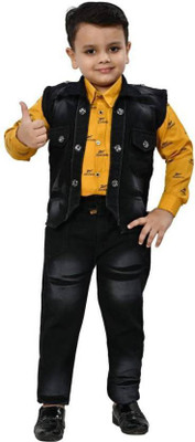 AJ STYLES Boys Festive & Party Shirt, Waistcoat and Pant Set(Yellow Pack of 1)
