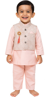 HouseOfCommon Boys Festive & Party Kurta, Waistcoat and Pyjama Set(Pink Pack of 1)