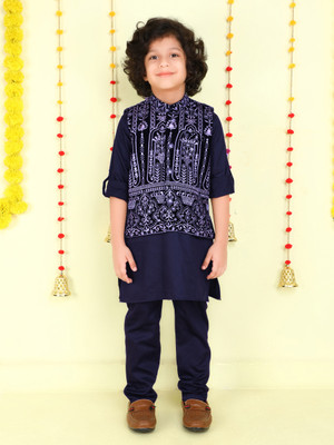 Mini Stitch Boys Festive & Party Kurta, Waistcoat and Pyjama Set(Dark Blue Pack of 1)