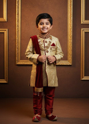 Chawla jee traders Boys Festive & Party, Wedding Kurta, Pyjama & Dupatta Set(Gold Pack of 1)