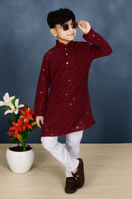 Bongprince Boys Festive & Party Kurta and Pyjama Set(Maroon Pack of 1)