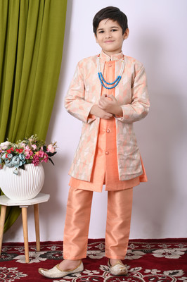 Bright Garments Dresses Boys Festive & Party Kurta, Waistcoat and Pyjama Set(Orange Pack of 1)