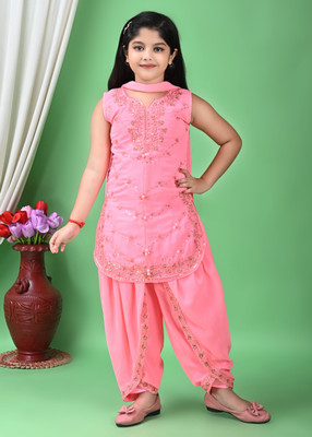 FashionLegacy Girls Festive & Party Kurta and Dhoti Pant Set(Pink Pack of 1)