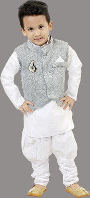 Oxipittal Club Boys Festive & Party Kurta, Waistcoat and Pyjama Set(White Pack of 1)