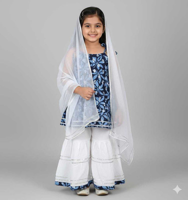 ANNA Girls Festive & Party Kurta and Sharara Set(Blue Pack of 1)
