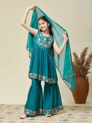 Curly Tales Girls Festive & Party Kurta and Sharara Set(Green Pack of 1)