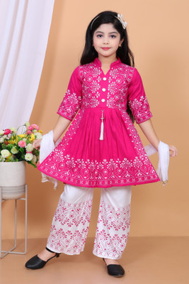 M M NAJRIN FASHION Baby Girls Festive & Party Kurta, Pyjama & Dupatta Set(Pink Pack of 1)