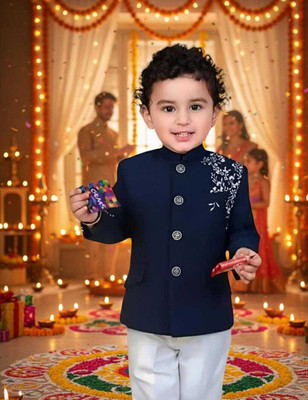 Poulami Boys Festive & Party Kurta and Pyjama Set(Blue Pack of 1)