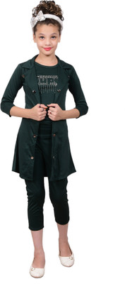MYKUKI Girls Festive & Party Ethnic Jacket, Kurta and Legging Set(Dark Green Pack of 1)