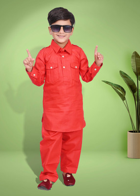 Hasibul Fashion Boys Festive & Party Kurta and Pyjama Set(Red Pack of 1)