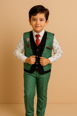 Adinath Collection Boys Festive & Party Shirt, Waistcoat and Pant Set(Red Pack of 1)