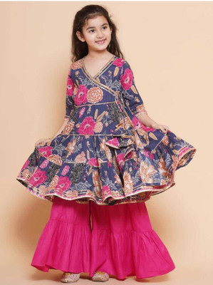 HouseOfCommon Girls Festive & Party Kurta and Sharara Set(Multicolor Pack of 1)