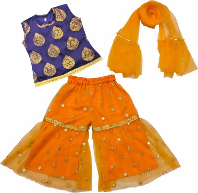 satyamfab Girls Casual Ethnic Jacket, Blouse and Palazzo Set(Orange Pack of 1)