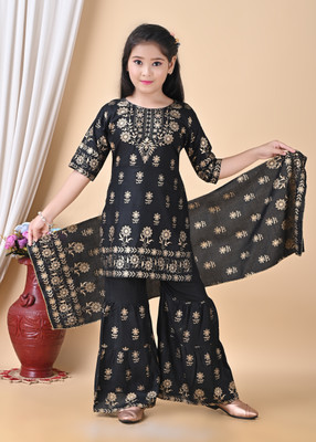 FIRST DREAM Girls Casual Kurta, Pyjama & Dupatta Set(Black Pack of 1)