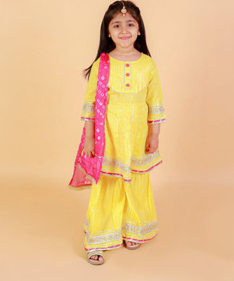 little ginnie Girls Festive & Party Kurta and Sharara Set(Yellow Pack of 1)