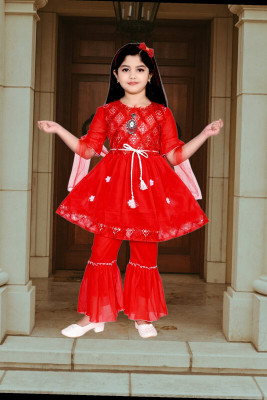 FMSE Girls Festive & Party Kurta and Palazzo Set(Red Pack of 1)
