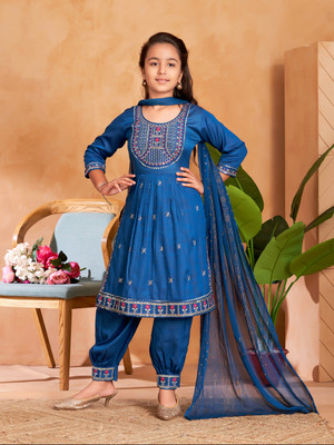 Aarika Girls Festive & Party Kurta and Patiala Set(Blue Pack of 1)