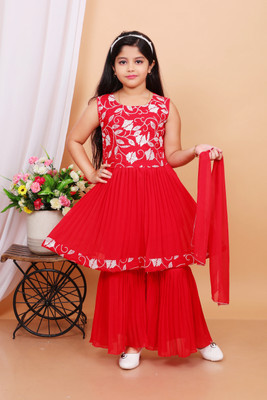 BISAL Girls Festive & Party Angarkha and Sharara Set(Red Pack of 1)