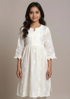 ChikanKari By Kraft Girls Festive & Party Kurta and Pyjama Set(White Pack of 1)
