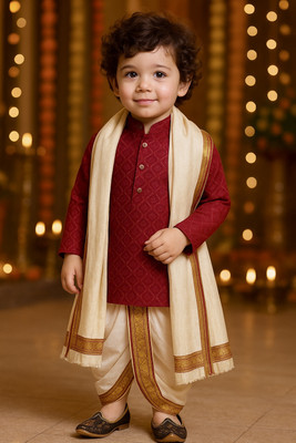 New Ekta Dresses Boys Festive & Party Kurta, Dhoti Pant & Dupatta Set(Maroon Pack of 1)