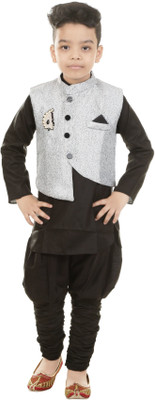 Shine Club Boys Festive & Party Kurta, Waistcoat and Pyjama Set(Black Pack of 1)