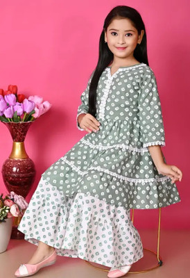 RKTM Girls Festive & Party Kurta and Sharara Set(Green Pack of 1)