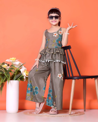 satyamfab Baby Girls Festive & Party Kurta and Palazzo Set(Grey Pack of 1)