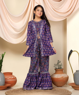 Fashion Dream Girls Festive & Party Kurta and Pyjama Set(Purple Pack of 1)