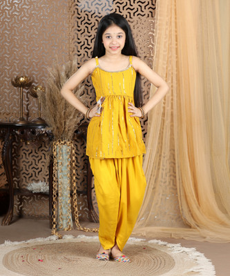 CUTIEKINS Girls Festive & Party Dhoti & Kurta Set(Yellow Pack of 2)