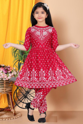 Shyam Creation Girls Festive & Party Kurta and Pyjama Set(Red Pack of 1)