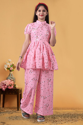 JK Creation Girls Festive & Party Kurta and Palazzo Set(Pink Pack of 1)