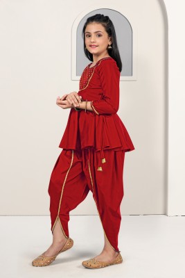 Tasrika Girls Festive & Party Kurta and Dhoti Pant Set(Red Pack of 1)