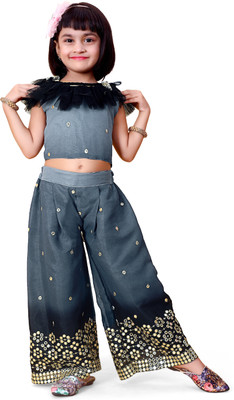 satyamfab Girls Festive & Party Kurta and Palazzo Set(Grey Pack of 1)