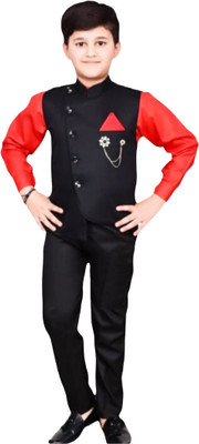 Paryushnam Boys Festive & Party, Wedding, Formal Shirt, Waistcoat and Pant Set(Red Pack of 1)