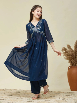 Curly Tales Girls Festive & Party Kurta and Trouser Set(Blue Pack of 1)