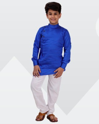 Fourfolds Boys Casual Kurta and Pyjama Set(Blue Pack of 1)