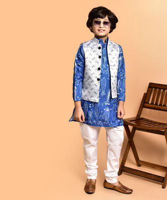 PRINTINIDA Boys Casual Kurta and Pyjama Set(Blue Pack of 1)