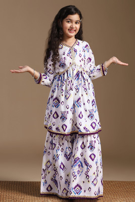 Sangria Girls Festive & Party Kurta and Sharara Set(White Pack of 1)