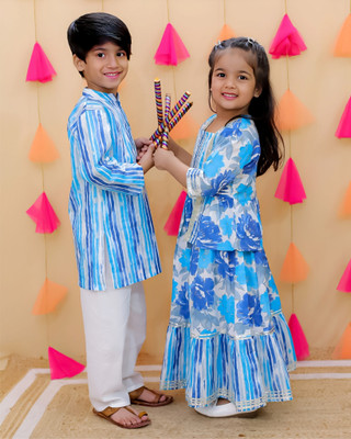 Sarju Creation Baby Boys & Baby Girls Festive & Party Ethnic Jacket, Kurta and Palazzo Set(Blue Pack of 2)