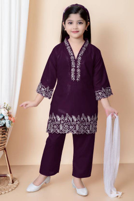 Panchiraj Baby Girls Festive & Party Kurta and Pyjama Set(Maroon Pack of 1)