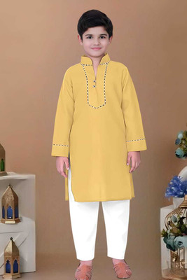 MUSTAKIN CREATION Baby Boys Casual Kurta and Pyjama Set(Yellow Pack of 1)