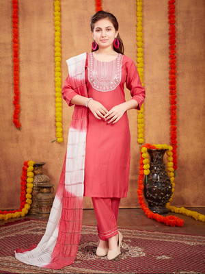 MUHURATAM Girls Festive & Party Kurta and Pyjama Set(Red Pack of 1)